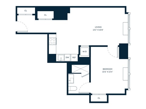 Floor plan for 1 bed, 1 bath, 595 sqft